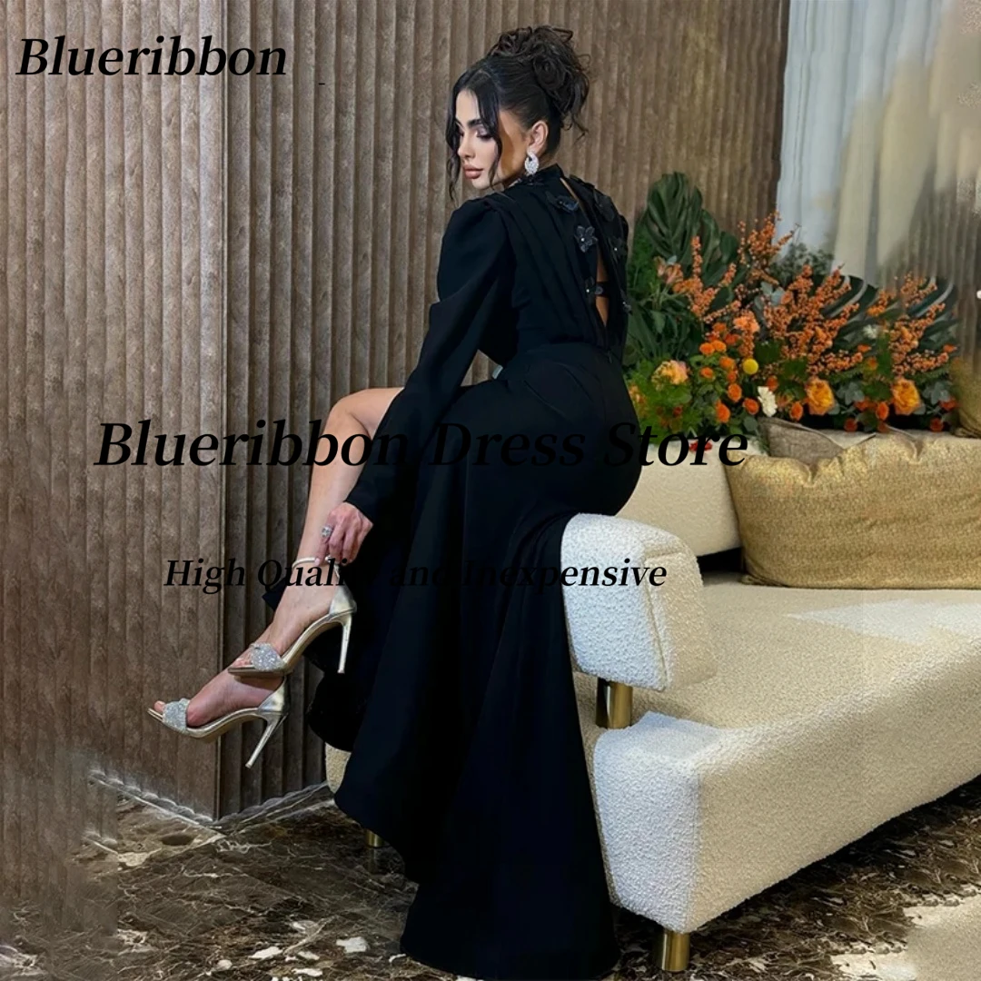 

Blueribbon Black High Collar Evening Dresses with 3D-Flowers Long Sleeves Prom Gowns Ruched Side Slit Saudi Party Dress