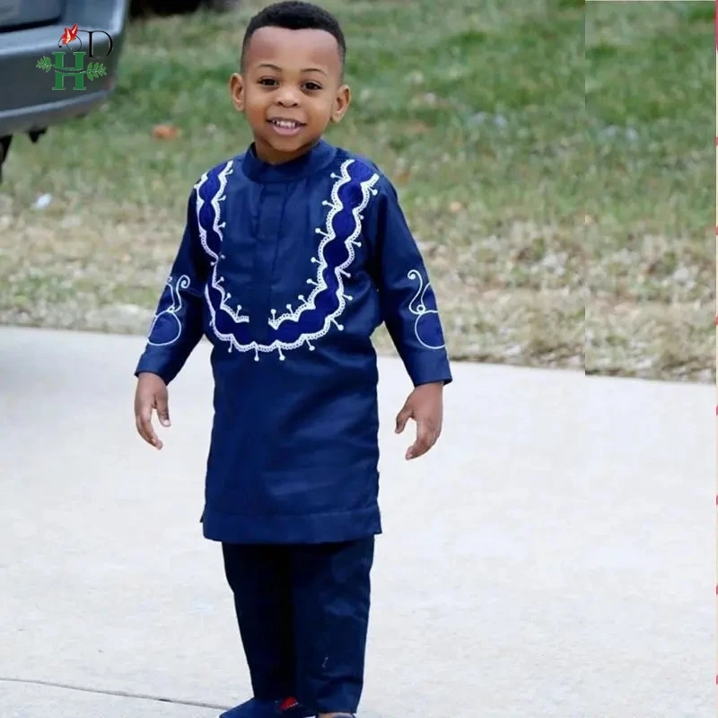 

H&D New Blue Shirt Pants 2 Pieces Set For Kids Boys African Outfit Children Dashiki Embroidery Thobe Suit Christmas Gifts 2025