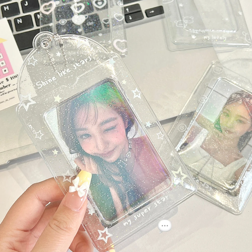 Glittery 3 inch Photocard Holder Transparent Korea Idol Photo Card Holder Cute Heart Star Pattern Clear Card Display Bag Pendant