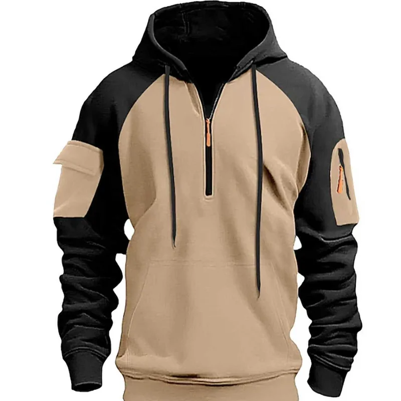 

Men European American Style Hoodie Autumn Winter New Style Color Block Half Zip Hoodie Pocket Casual Sports Top