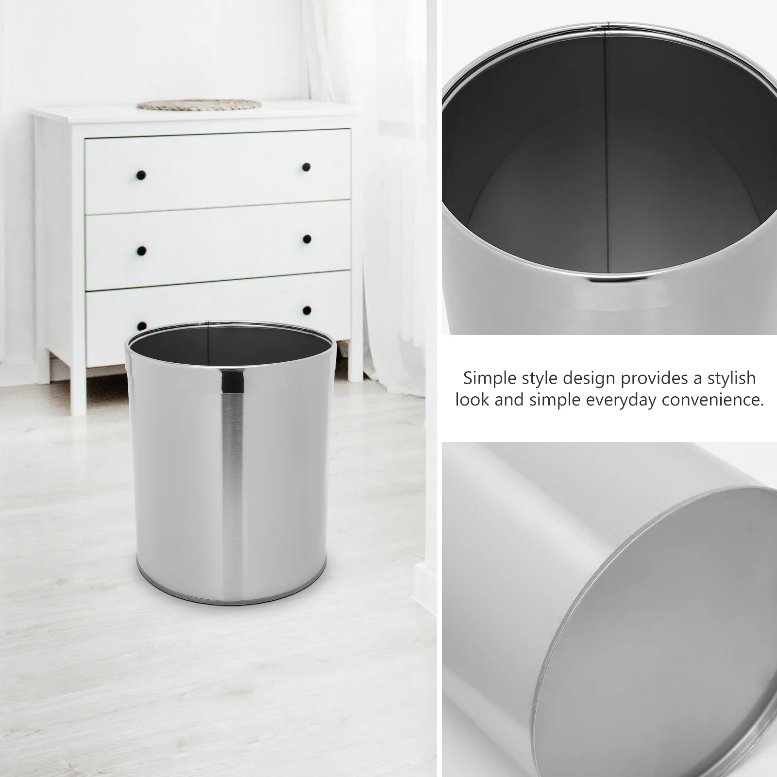 Office Trash Can Bathroom Wastebasket Stainless Steel Round Bins Kitchen Garbage Single Layer Silver Bedroom Trashcan