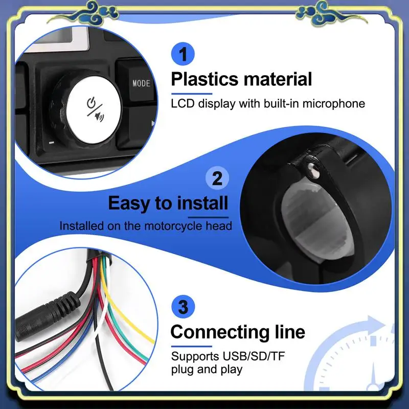 

AU16-Motorcycle Audio MP3 Radio Sound System Stereo Speakers Bluetooth Waterproof FM 5 EQ Functions LCD Display USB/SD/TF