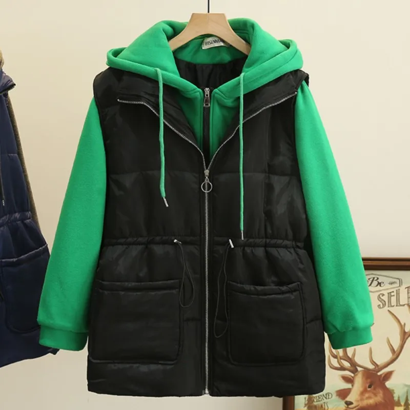 5XL 2022 Winter Parka Plus Size Women Clothing Loose Fit Block Color Padded Coat Casual Fashion Hooded Thick Down Cotton Jacket