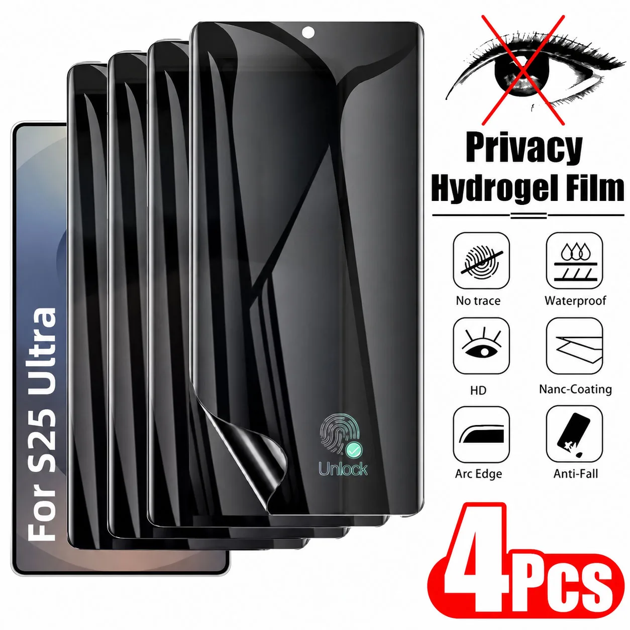 Película Hidrogel Anti-Espião 4-1 Peças com Suporte para Desbloqueio por Impressão Digital para Samsung S25 S23 S22 S24 Ultra S26 Ultra S21+ Protetor de Tela de Privacidade
