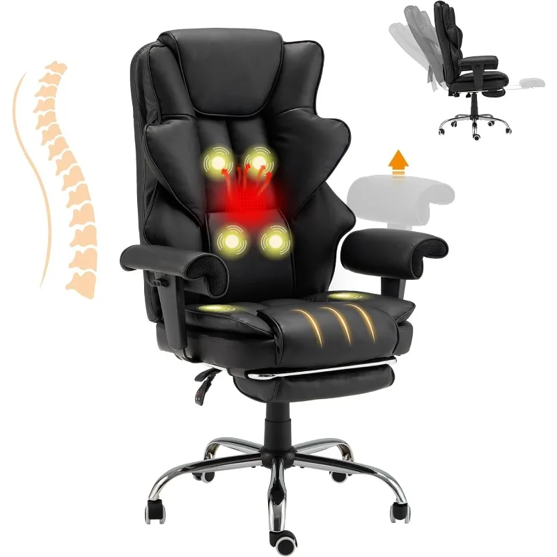 6-Point Massage Office Chair,Heating Executive Chair,Ergonomic Home Office Desk Chair with Retractable Footrest and Reclining