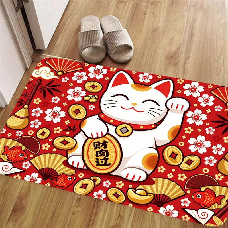 Lucky Cat Door Mat, Red Fortune & Gold Coin Pattern, Japanese Style Welcome Rug, Non-slip Entrance Floor Mat, Home Decor