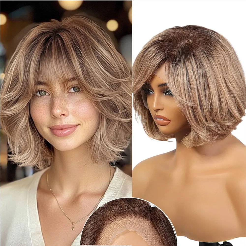 12 In Lace Front Human Hair Wigs for Women Light Brown Short Layered Wavy Bob Wig with Bangs Remy Human Hair Wigs for Daily Use