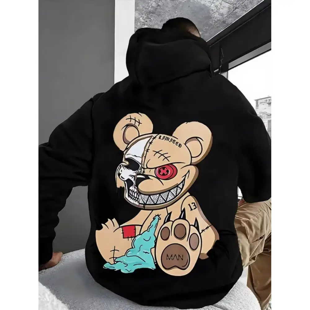 

CLOOCL Men's Hooded Sweatshirt with Stitched Skull Bear Pattern Print, Fashionable Autumn and Winter Clothing