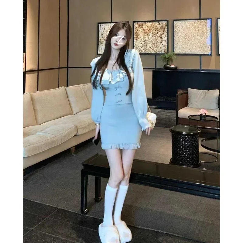

Sweet Girl Ruffle Knitted Suit Women's Spring Bow Long-sleeved Top Wrap Hip Short Skirt Two-piece Set Fashion Female Clothes