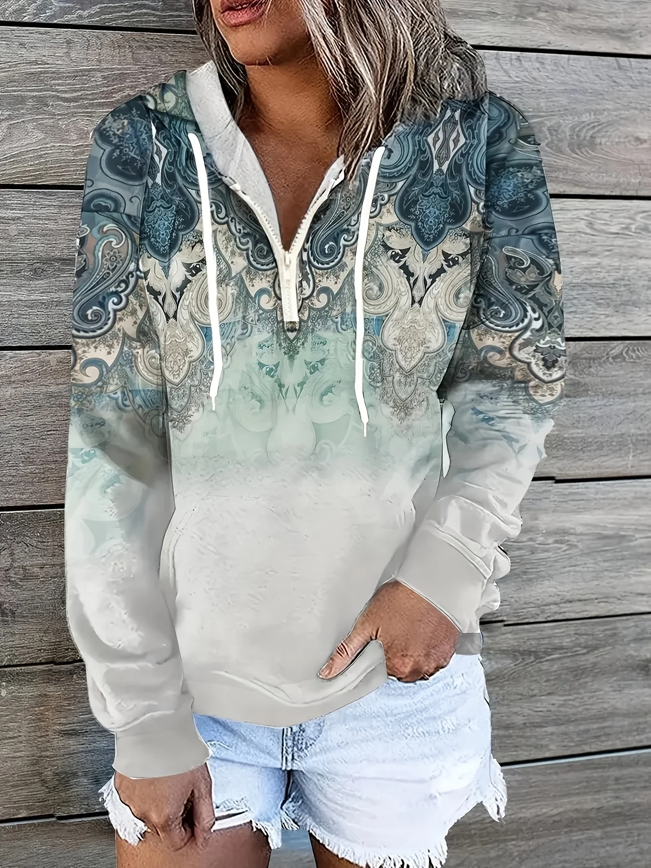 Plus Size Women Gradient Print Hoodie, Long Sleeve Drawstring Casual Pullover Top