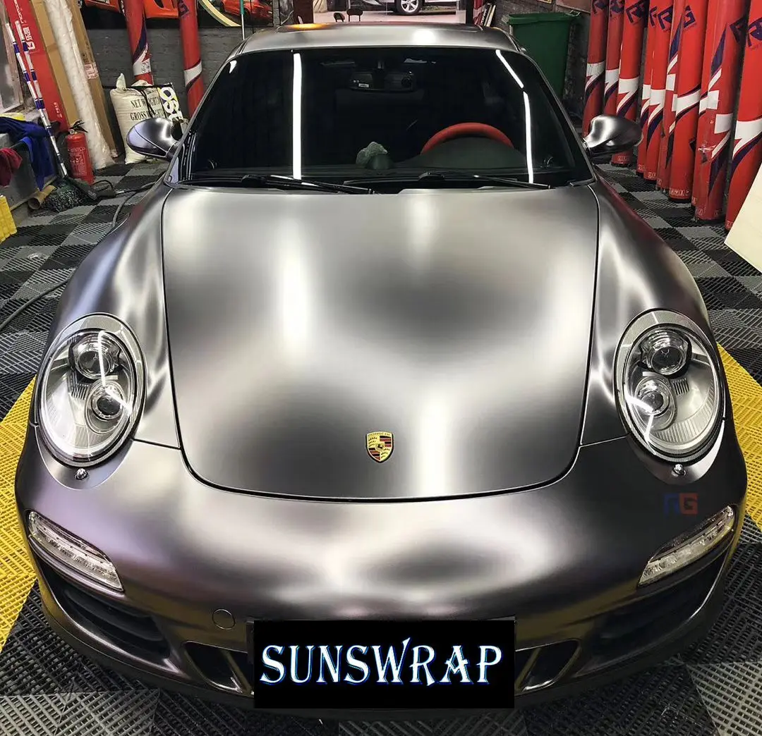 Car Wrap Vinyl Satin Matte Chrome Plating Air Release Adhesive Vinyl Film Sheet Ash Gray Satin Matte Metalic For Car Motorcycle