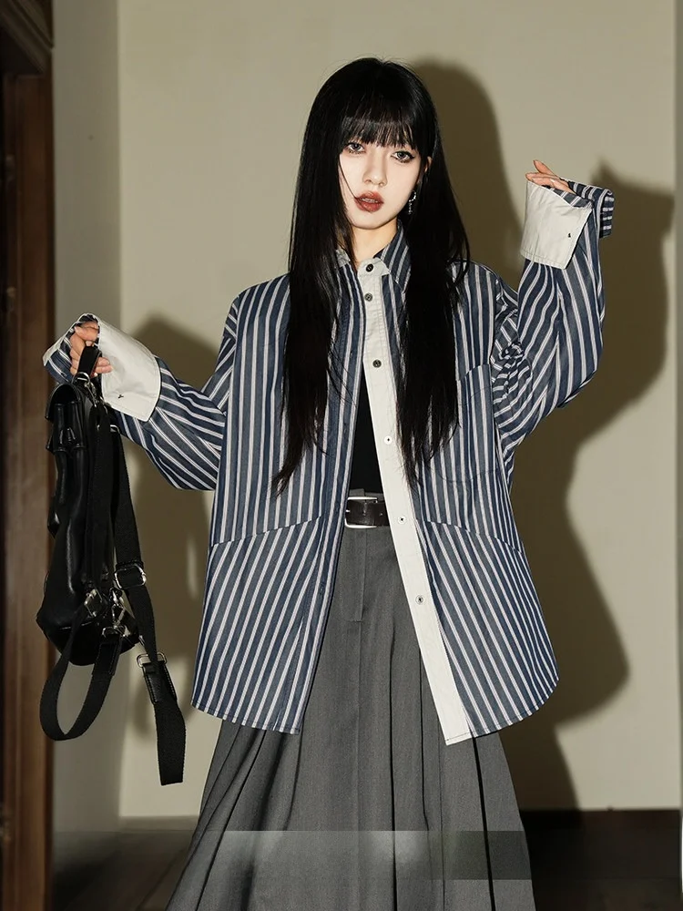 

Blue Vertical Stripes Loose Long Sve irt Women's Spring Casual Sle Contrast Color Design Classic Collar Open Cardigan