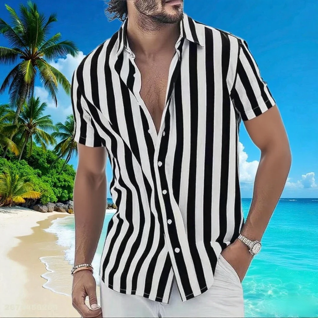 Men's Multicolor Geometric Striped Button Short Sleeve Shirt Fashionable and Comfortable Fabric Daily Beach Vacation Shirt