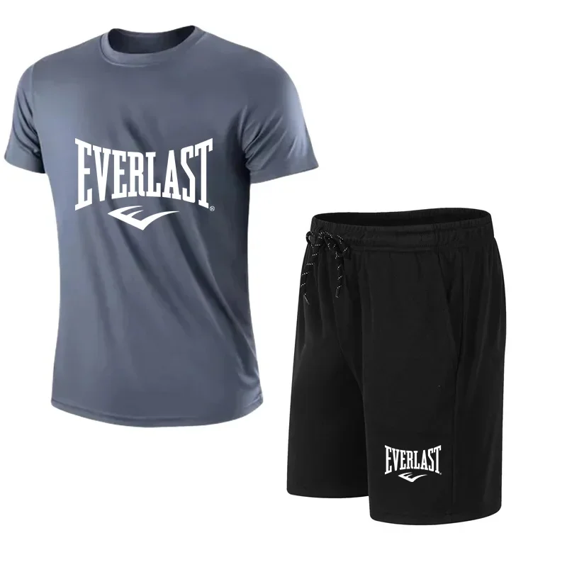 EVERLAST Conjunto de camiseta + shorts masculinos, 2 peças, lazer, respiração, manga curta, esporte, corrida, academia, roupas estampadas de marca