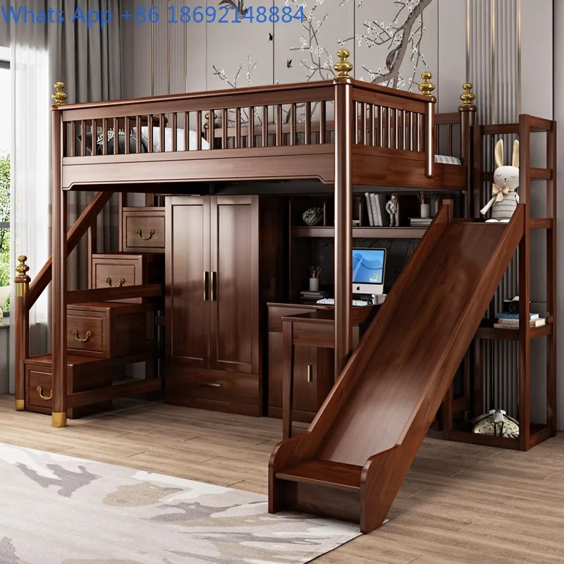 Solid Wood 1.8m Bed with Desk Space, Study Desk, Wardrobe, High and Low Bed, Double Layer Bunk Bed