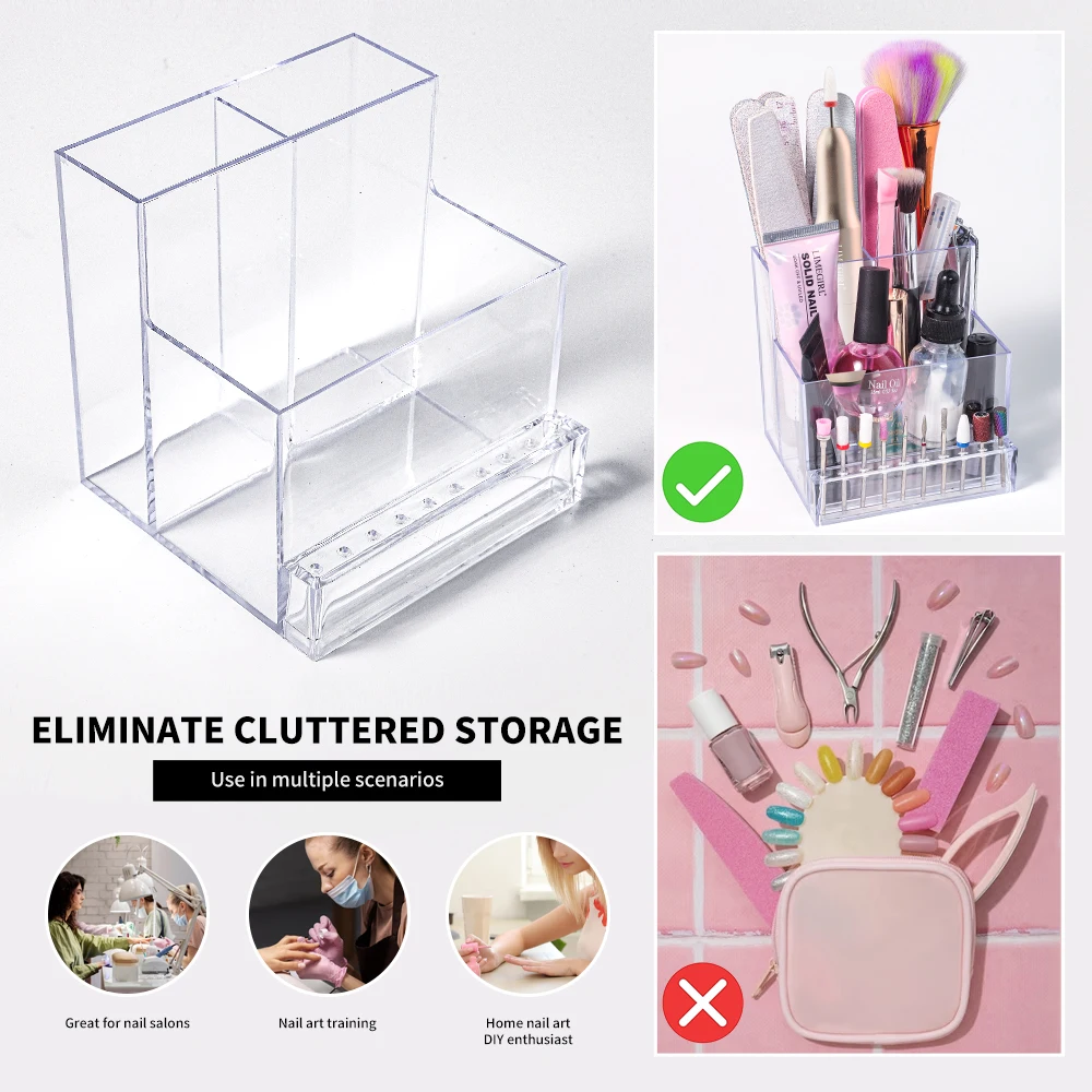 Pudełko do przechowywania manicure Wielofunkcyjne przezroczyste plastikowe pudełko z organizerem z siatkami Pojemnik na szlifierkę Organizer biżuterii DIY Manicure