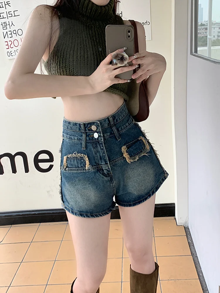 Frayed Shorts Women Washed Vintage Slim Hotsweet European Style Retro Fashion Casual High Waist Spring Streetwear Harajuku Solid