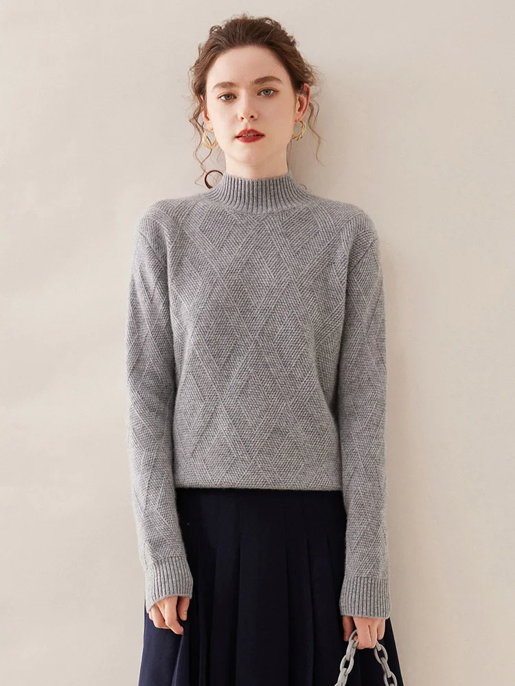 Women Cashmere Sweater Winter Thick Warm Mock Neck Pullover 100% Cashmere Knitwear Twist Argyle Basic Casual Clothing Fashion