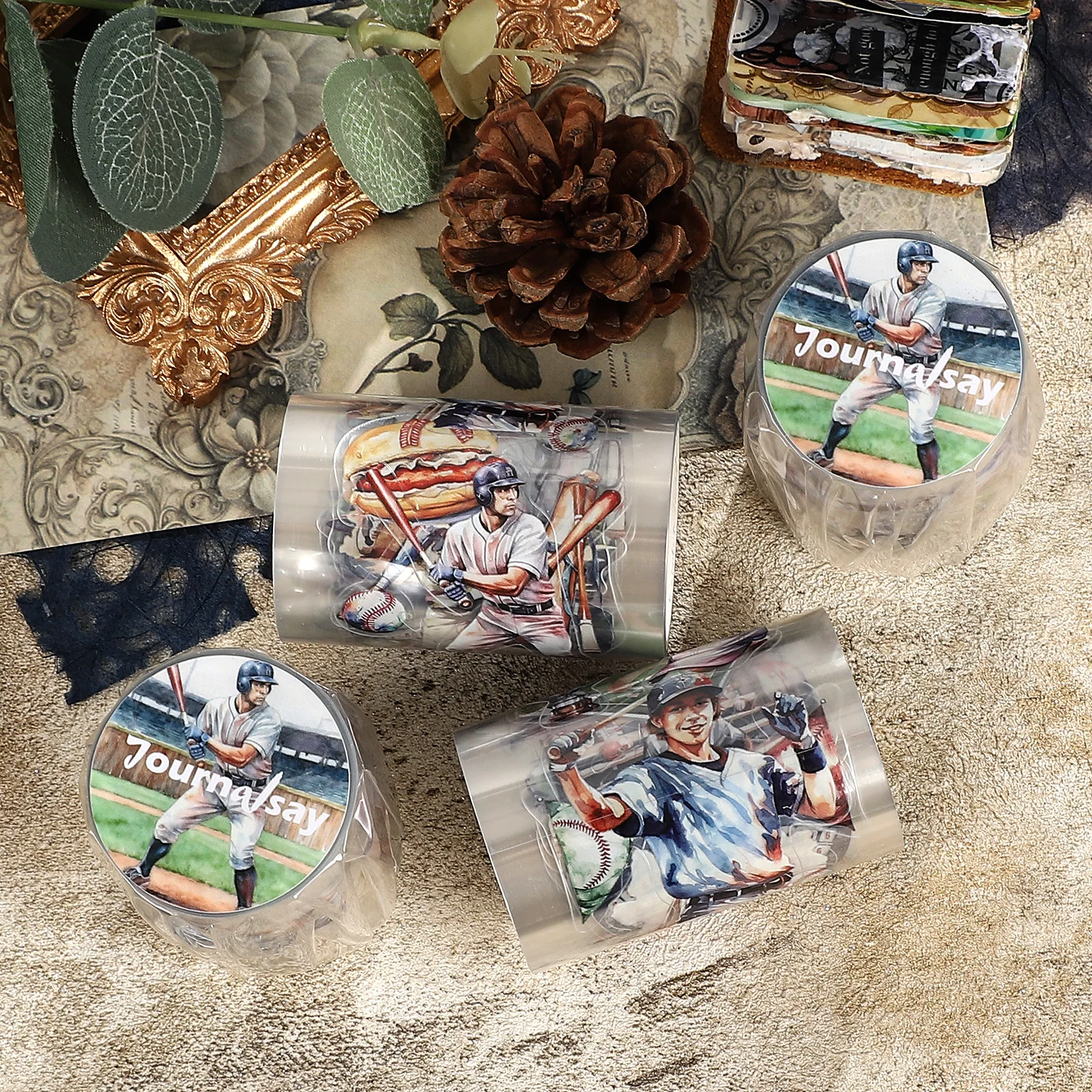 เทป PET ลายวินเทจ ขนาด 60 มม.*200 ซม. ลายเบสบอล ทิวทัศน์ สำหรับงาน DIY สร้างสรรค์ วัสดุตกแต่งสมุดบันทึก คอลลาจ สมุดภาพ เครื่องเขียน