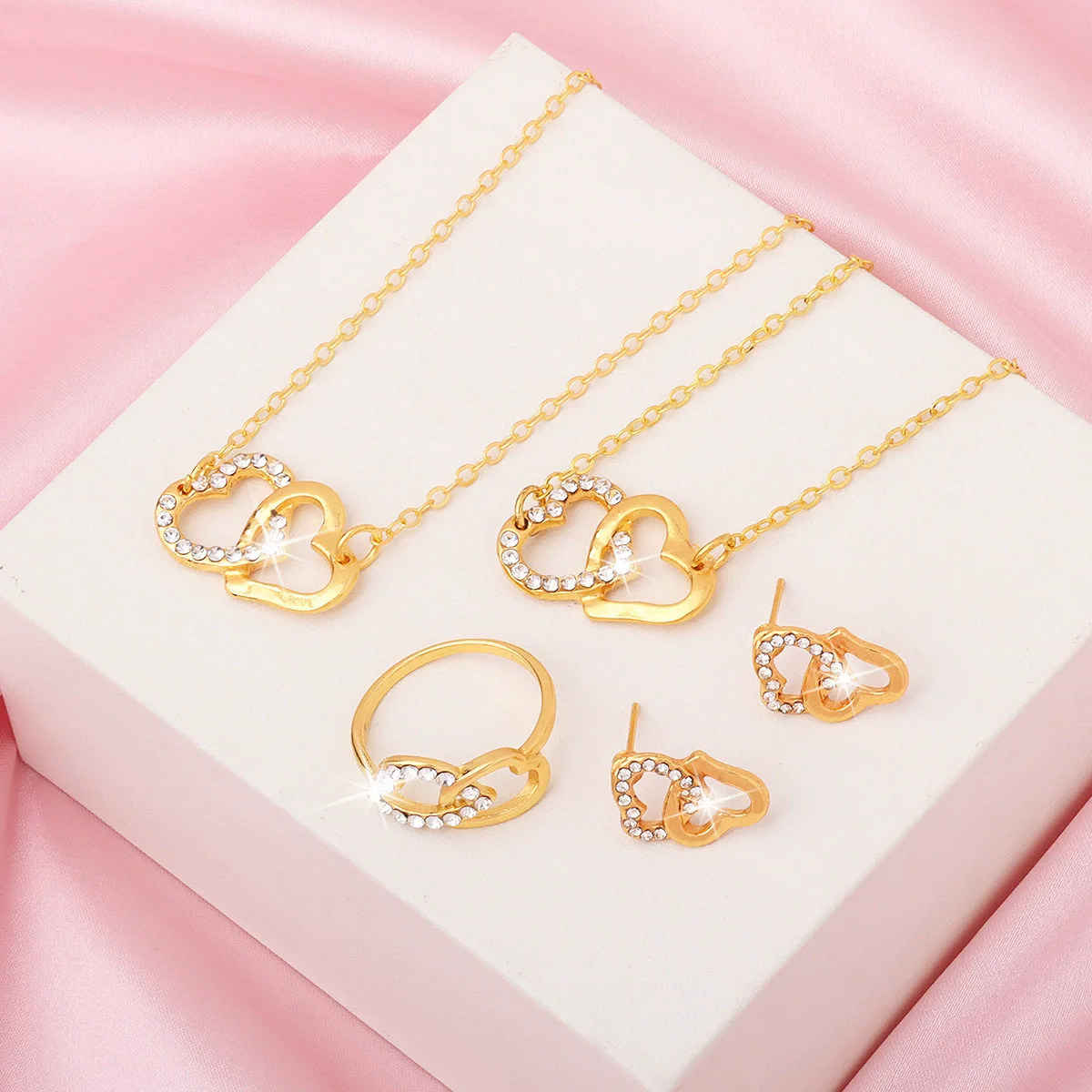 4pcs Jewelry Sets for Women Rhinestones Hollow Heart Necklace Stud Earrings Ring Bracelet Gold Color Romantic Jewelry Girl Gifts