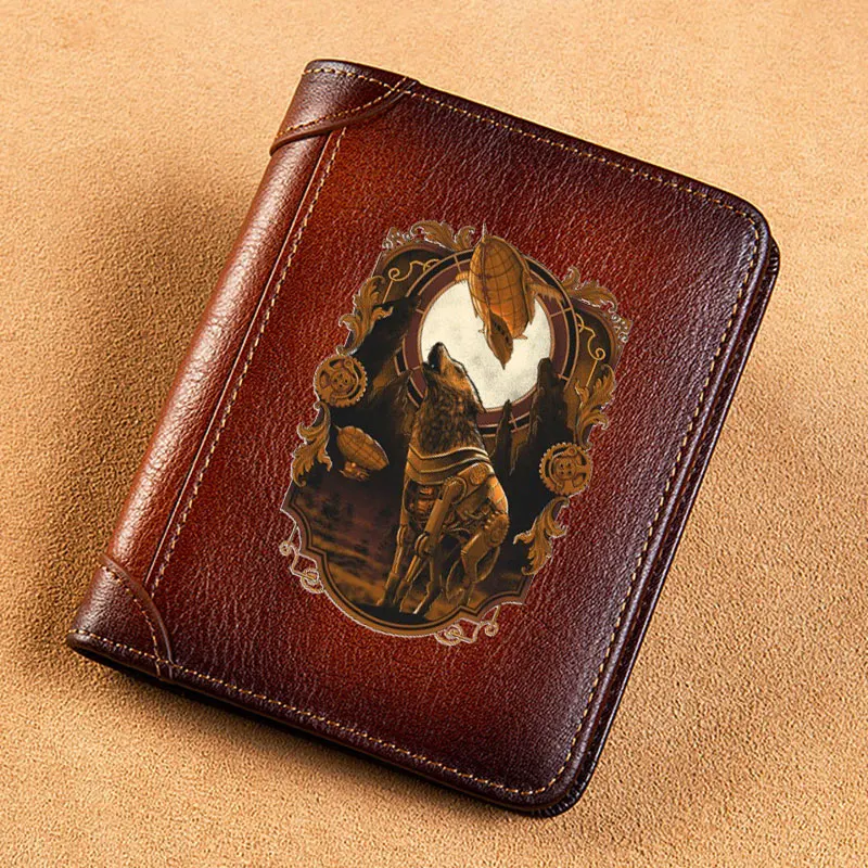 

High Quality Genuine Leather Men Wallets Classic Steampunk Wolf Design Short Card Holder Purse Trifold Men's Wallet BK3865