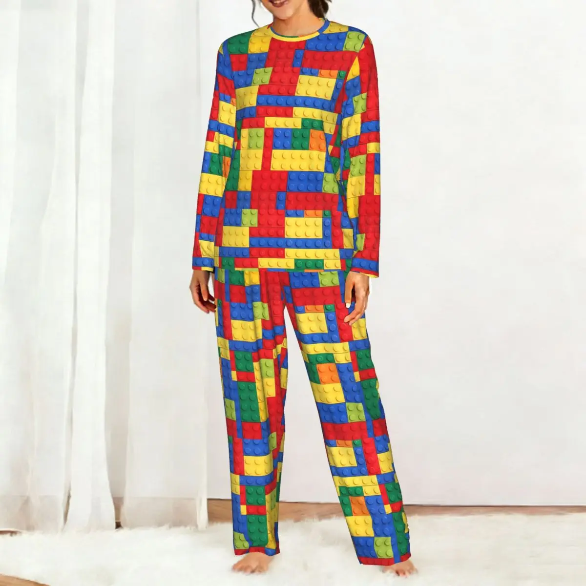 Colorful Bricks Design Round Neck Long Sleeves Nightdress for Sleeping Sleepshirts Women Loose Pajama Set Long Pants
