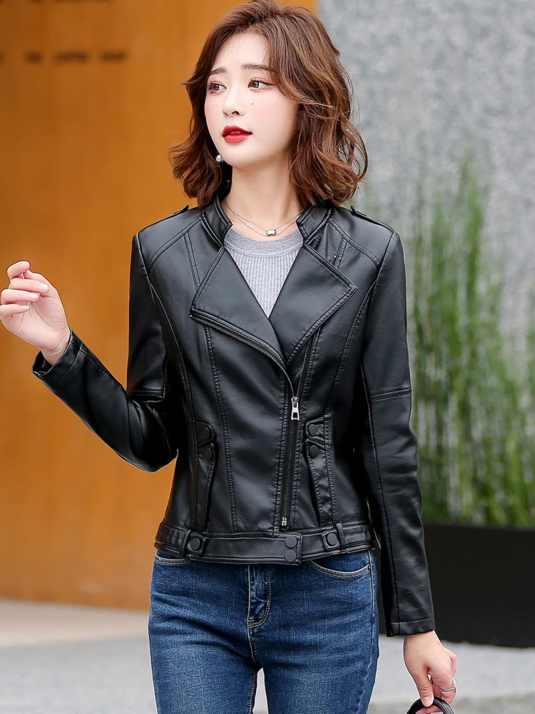 

New Women Leather Jacket Spring Fashion Solid Color Slim Short Sheepskin Coat Moto&Biker Style Tops Outerwear JJ230