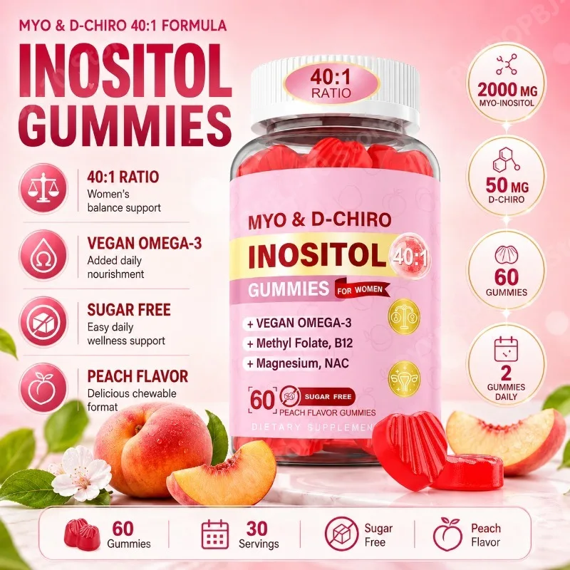 

Inositol Gummies for Women 40:1 Ratio with Methyl Folate B12 Magnesium NAC Sugar Free Peach Flavor 60 Gummies