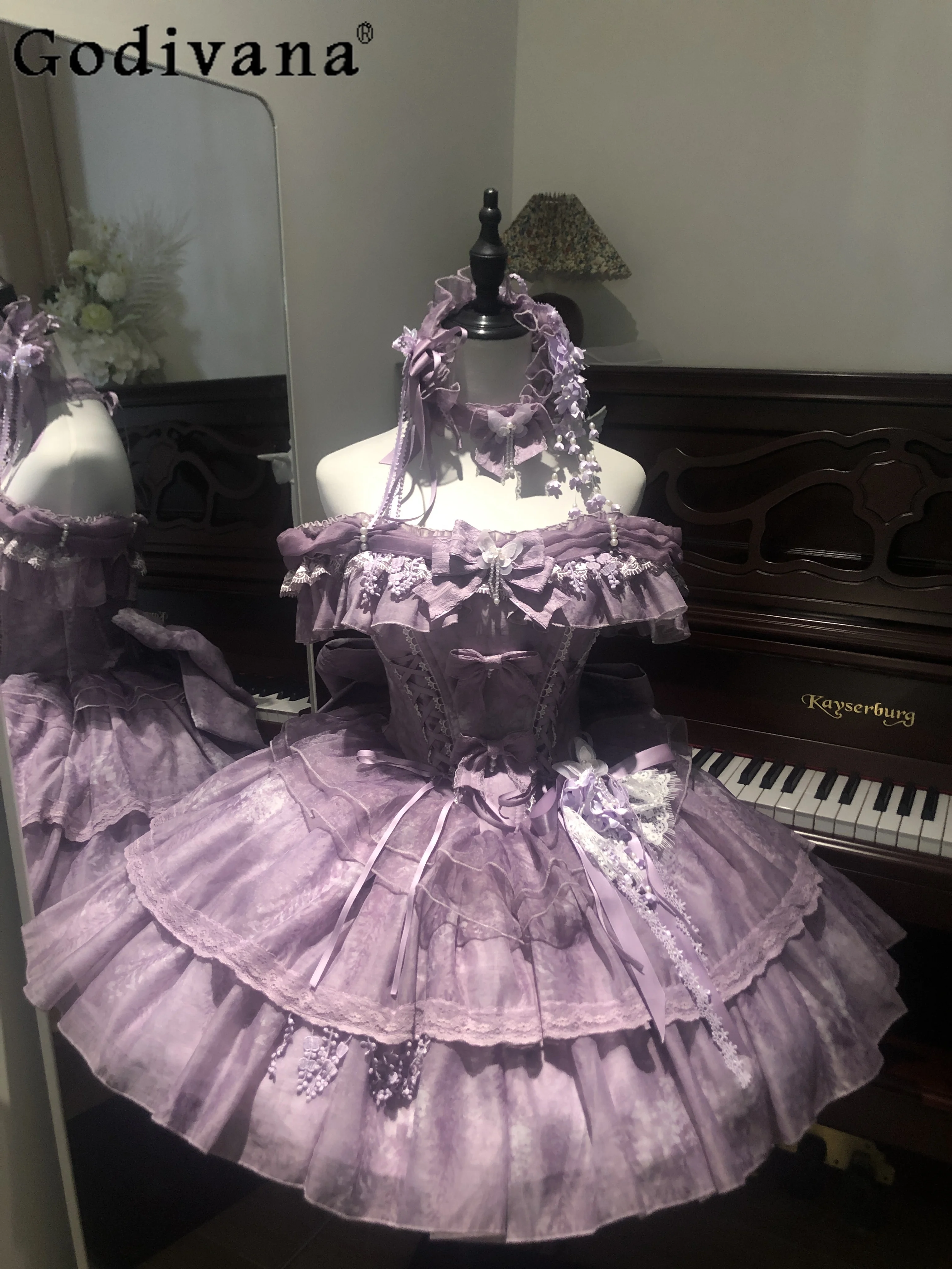 

Dreamy Sweet Japanese Original Lolita Strapless Dress Evening Gown Birthday Elegant Girl Ballet Style Princess Dress