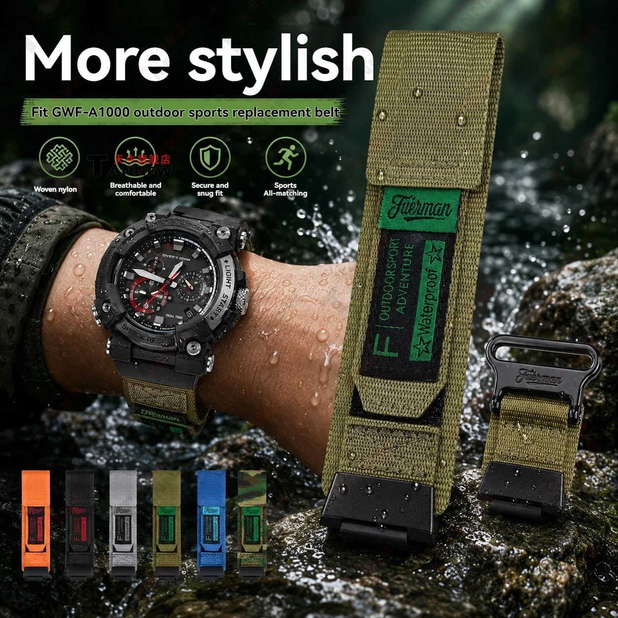Woven Nylon Watch Strap Compatible with Casio G-Shock Frogman GWF-A1000 5623 Hook and Loop Outdoor Sport Replacement Band