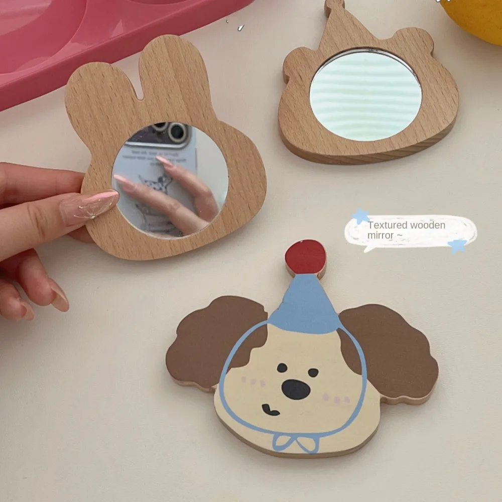 Mini Cute pattern Handheld Mirror Animal Shape Wooden Cartoon Makeup Mirror High Definition Travel Vanity Mirror Household