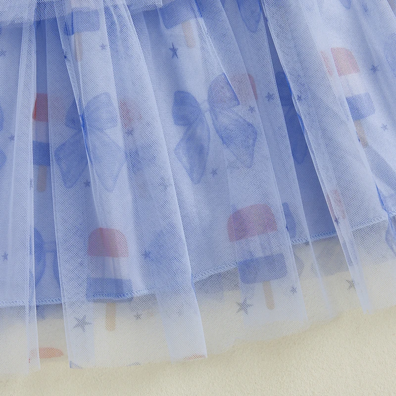 

Toddler Girl Independence Day Patriotic Stars and Stripes Sleeveless Tulle Dress Red White Blue American Flag Print A Line Dress