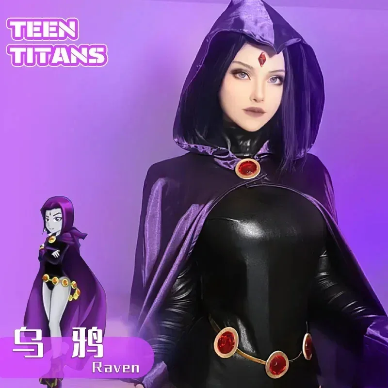 

Teen Titans Raven Cosplay Costume Deluxe Jumpsuit Cloak Belt Suit Halloween Uniform for Women XS-3XL