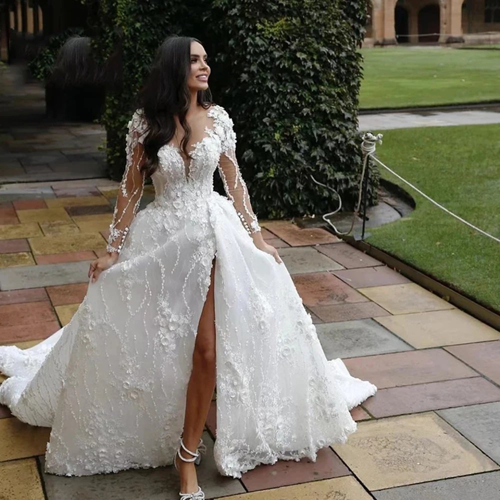 Vestido de novia de manga larga esponjoso, hermoso vestido de novia de horquilla alta, apliques de cuello en V, hecho a medida, Playa