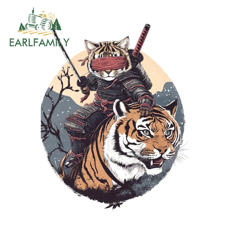 EARLFAMILY Samurai Cat And Tiger Car Stickers Fashionable Windows Helmet Surfboard Racing Drifting JDM Decals Car Accessories