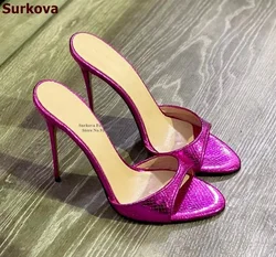 Surkova Ladies Sexy Fuchsia Snakeskin High Heel Slippers Sky High Slip On Summer Dress Shoes Hologram Iridescent PVC Pumps