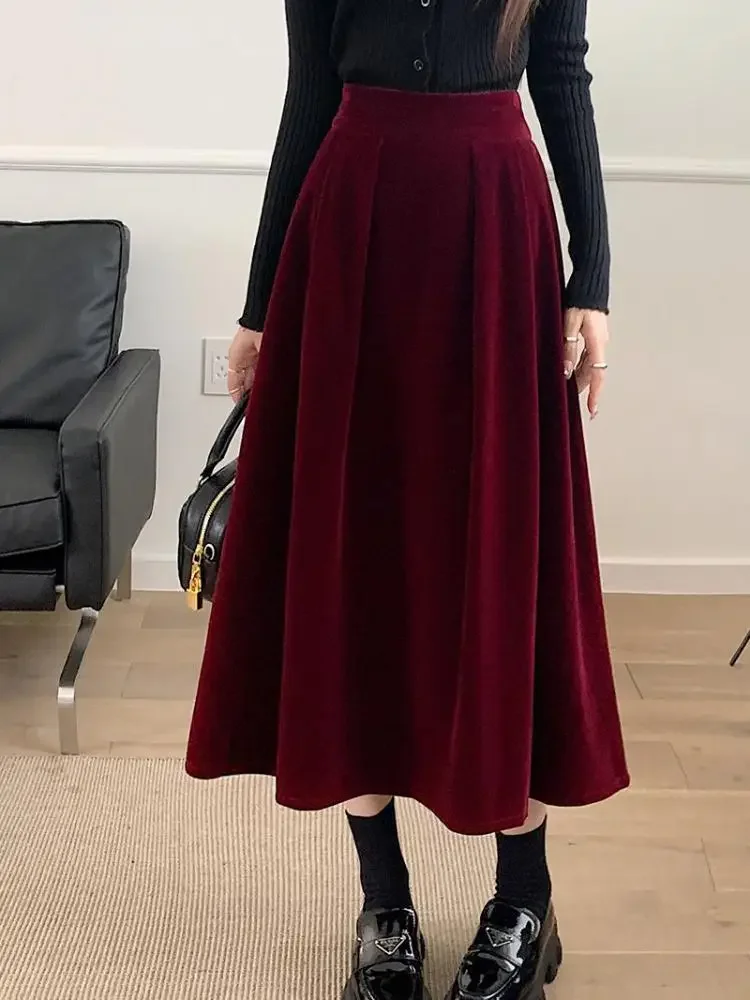 Saia de veludo linha A cintura alta feminina, elegante, vintage, vermelho, preto, festa, plissada, balanço grande, casual, outono, inverno, 2024