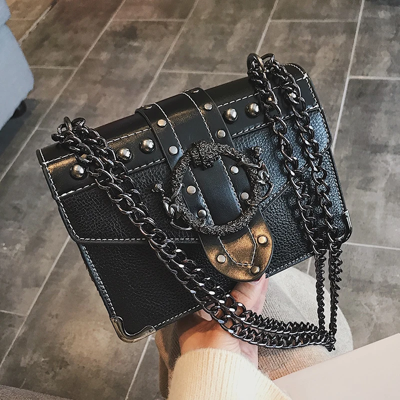 Fashion Women\'s Bag High Quality Pu Leather Designer Handbag Rivet Chain Chain Shoulder Crossbody Bag