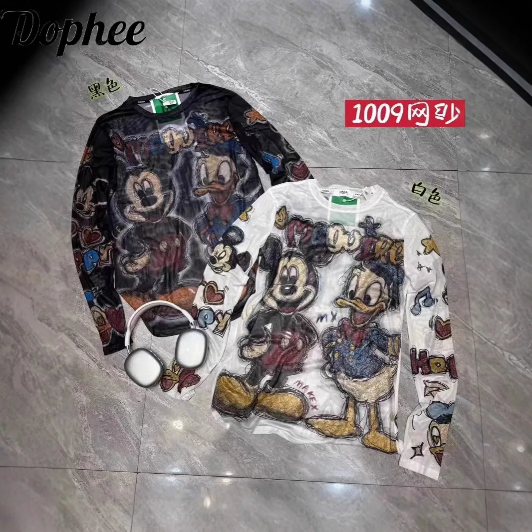 

Dophee модная сетчатая футболка с мультяшным принтом женская новая весна-лето базовые футболки с длинными рукавами и круглым вырезом повседневная студенческая солнцезащитная рубашка