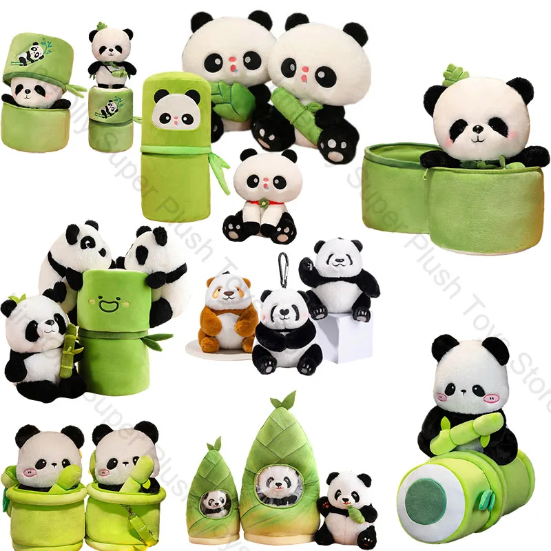 2 In 1 Cute Bamboo Tube Panda Plush Toy Kawaii Stuffed Livelike Panda Hug Bamboo Plushie Doll Pillow for Kids Birthday Xmas Gift