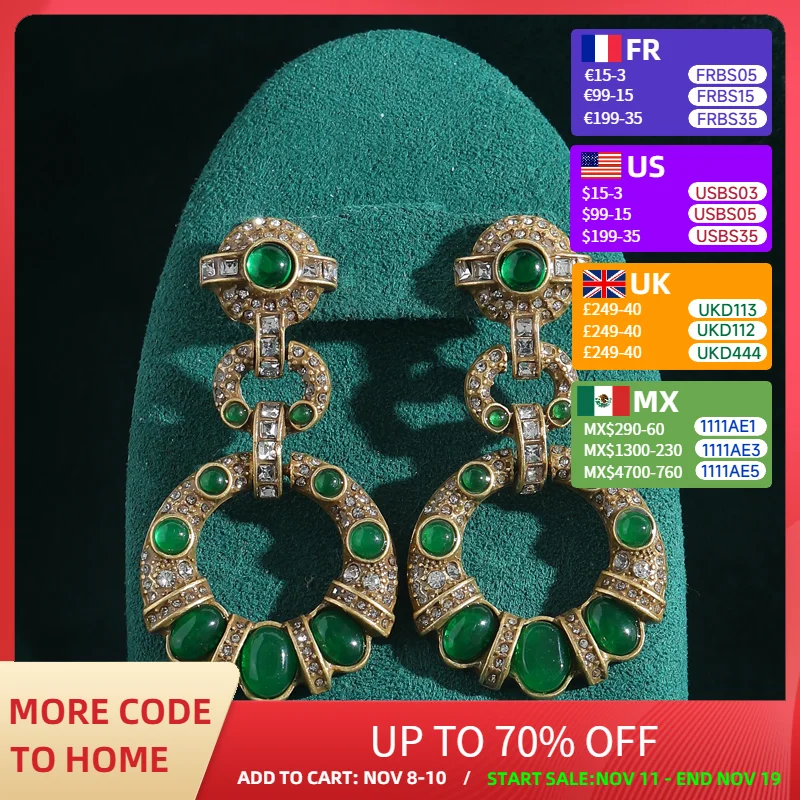 

Emerald Green Stone Drop Dangle Earring For Woman Vintage Antique Gold Color Circle Statement Quality Luxury Designer Jewelry