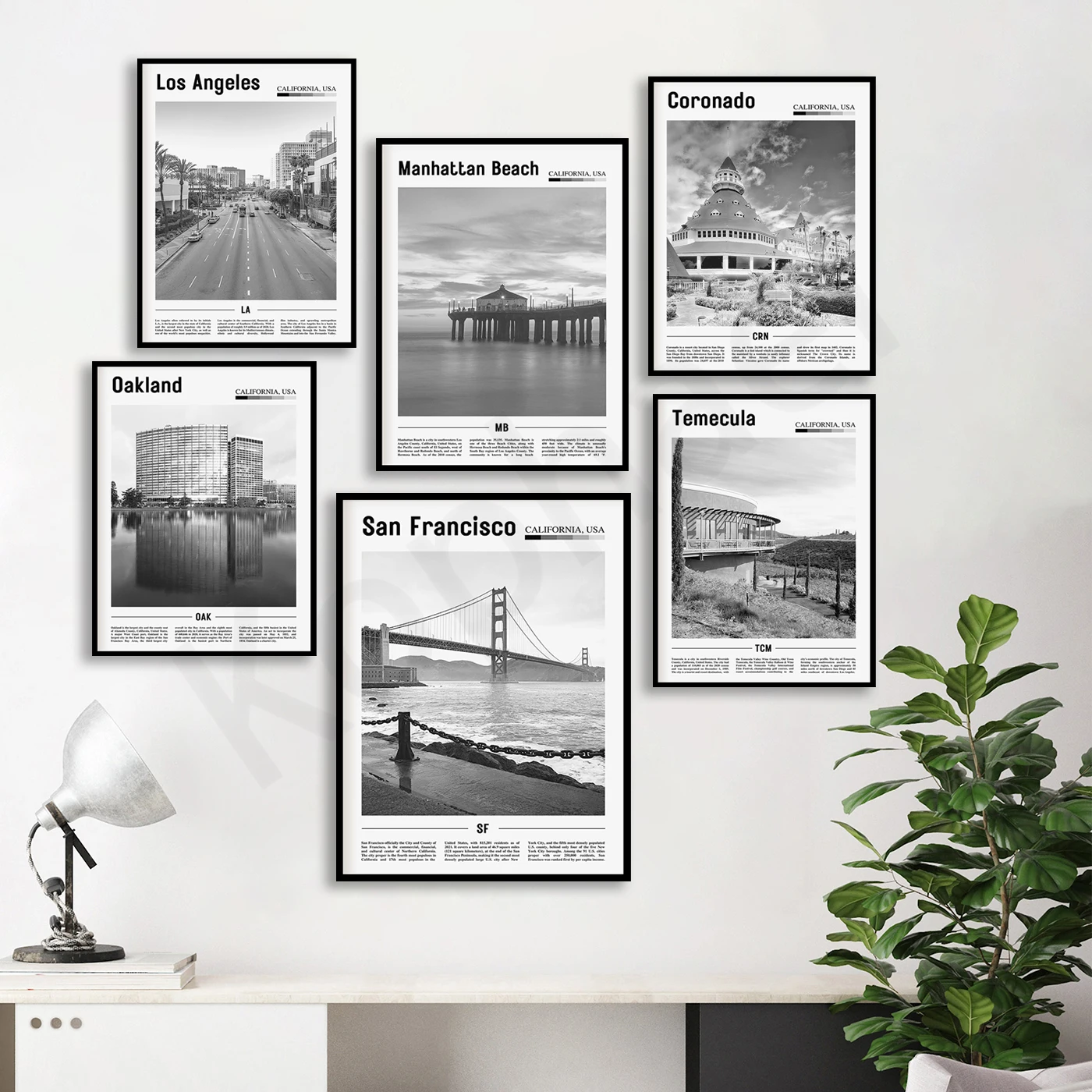 La Quinta. Berkeley. Truckee. Malibu. Los Ángeles. Manhattan. Coronado. Santa Cruz. Oakland. Temecula. Póster de paisaje urbano