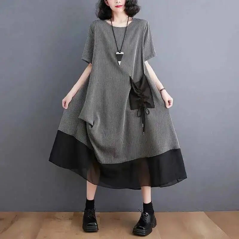 #3336 Black Green Grey Striped T Shirt Dress Women Pockets Loose Folds Spliced Mesh Asymmetrical Midi Dress Short Sleeve Summer