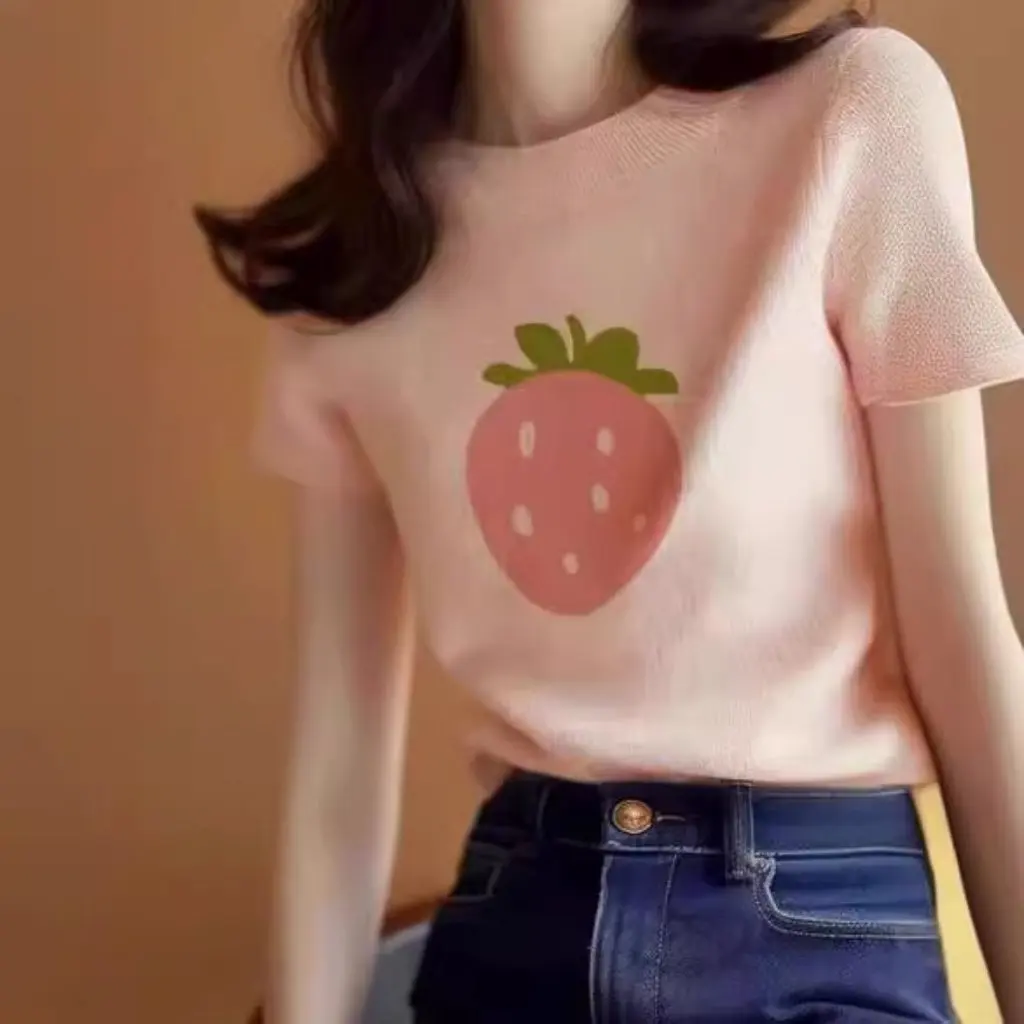 

Women's Pink Strawberry Printed Knitted T-Shirt Summer Loose Slim Fit Shoulder Top New Arrival