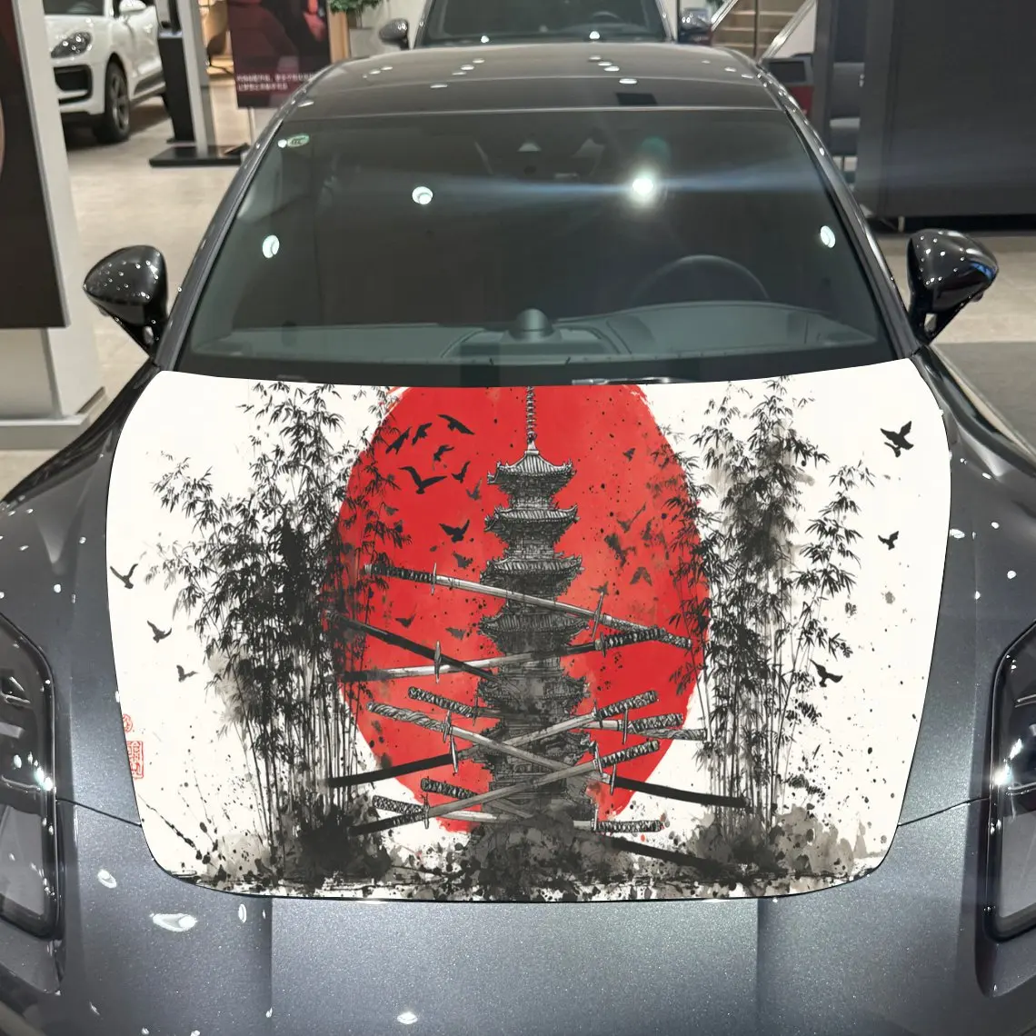 

Red Sun Bamboo Pagoda was Hit by a Sword PVC Car Hood Wraps, Self-Adhesive Waterproof Car Bonnet Decal Sticker, Car Decoration P