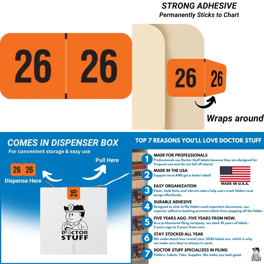 

2026 Year Stickers Compatible with Smead ETYJ Doctor Stuff 2026 Chart Stickers Orange Color Coded USA Made Year Labels for End