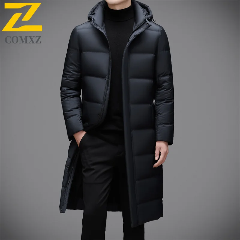 

COMXZ Mens Long Down Jacket Casual Hooded Commute Office Lightweight Puffer Jackets Fashion Travel Knee Length Warm Winter Parka