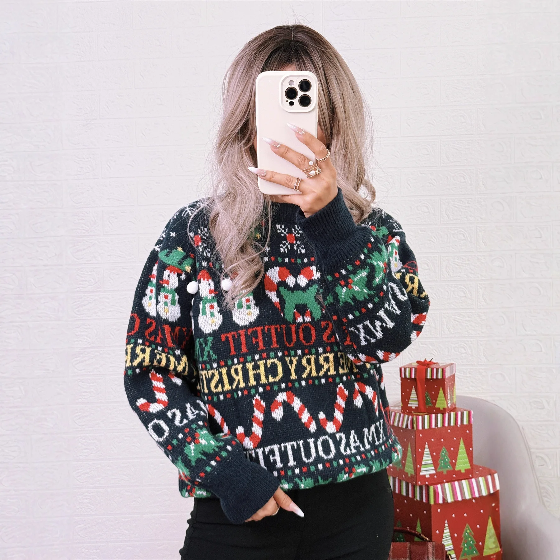 2025 Autunno Inverno Natale Nuovo Color-Block Top lavorato a maglia Girocollo Casual Retro Maglione a maniche lunghe allentato per le donne