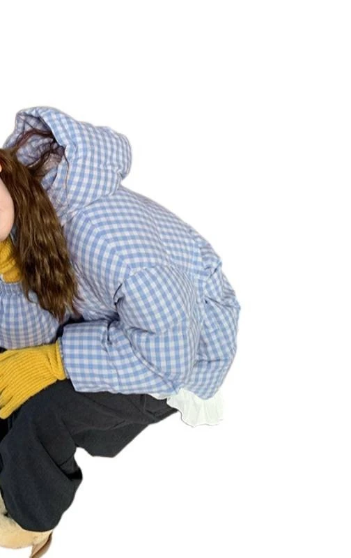 2025 Nueva chaqueta de pan a cuadros azul con capucha, abrigo de invierno, Chaqueta corta de algodón para mujer