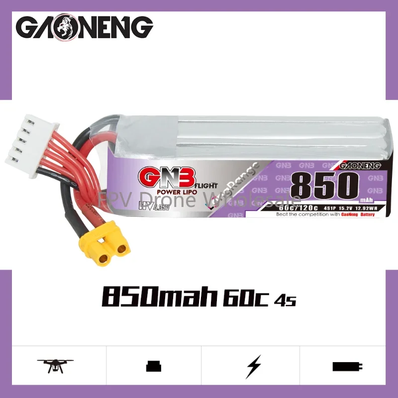 Gaoneng GNB 850mAh 7.6V/2s 11.4V/3s 15.2V/4s 60C HV Lipo With XT30 Plug For Happymodel FPV Racing Cine Whoop BetaFPV